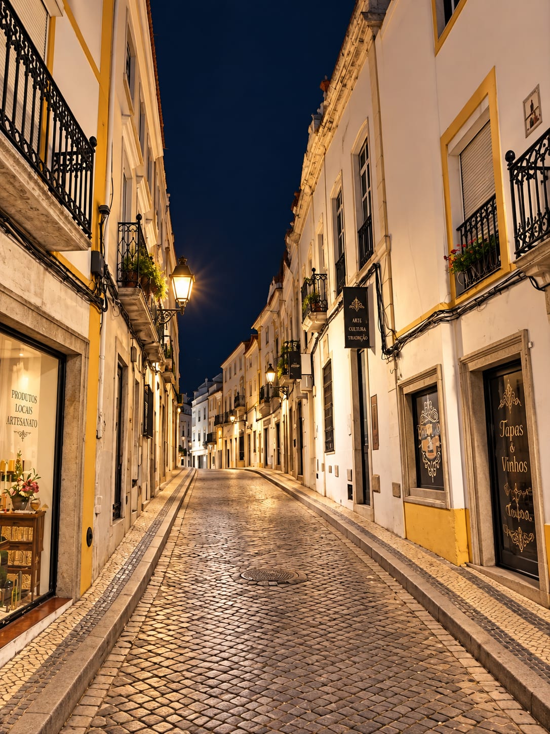 Rua do centro histórico ao anoitecer